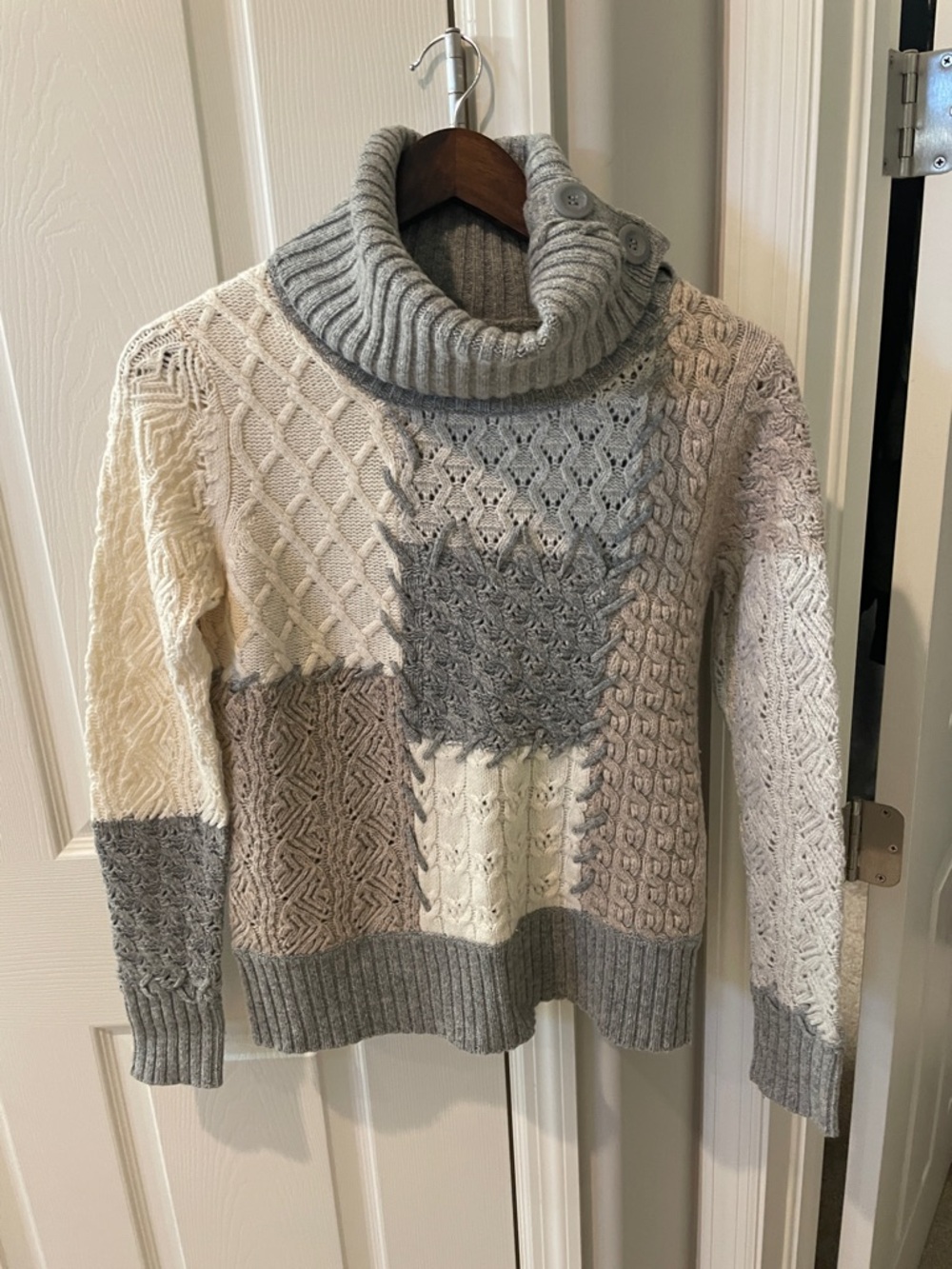 Sundance Patchwork CableKnit Cowl Turtleneck Sweater 80% lambswool mountain chic